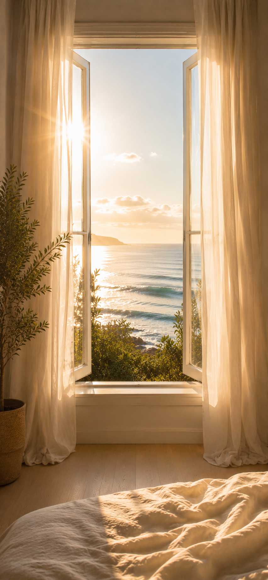 Warm sunlight through an open window overlooking the ocean
