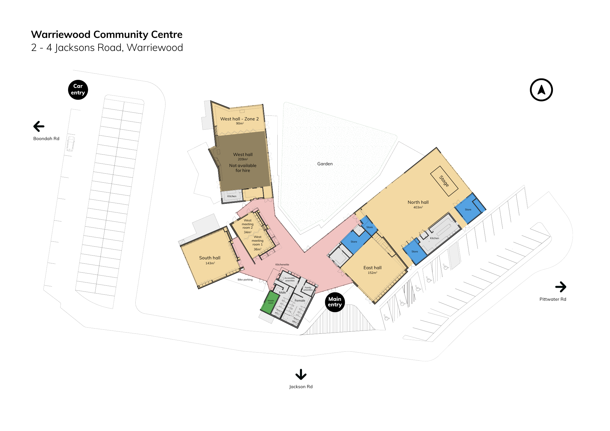 Official Warriewood Community Centre site plan showing South Hall on the left of the foyer, the main entrance from Jacksons Road and car access from Boondah Road